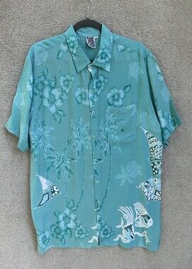 Cabali Hawaiian Shirt Mens Extra Large Green Tropical Floral Short Sleeve Shirt